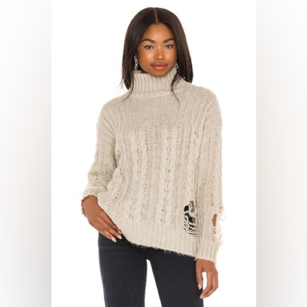Revolve Superdown Cream Cable Knit Turtleneck Sweater with Distressing Small